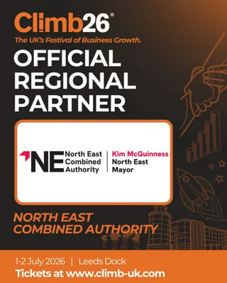 Climb26 Official Regional Partner badge for North East Combined Authority, featuring Kim McGuinness as North East Mayor. Event at Leeds Dock, July 1-2, 2026.